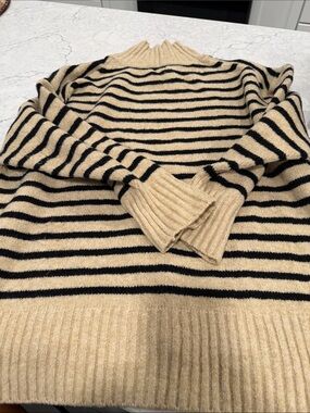 a new day Beige and Black Striped Cowl Sweater